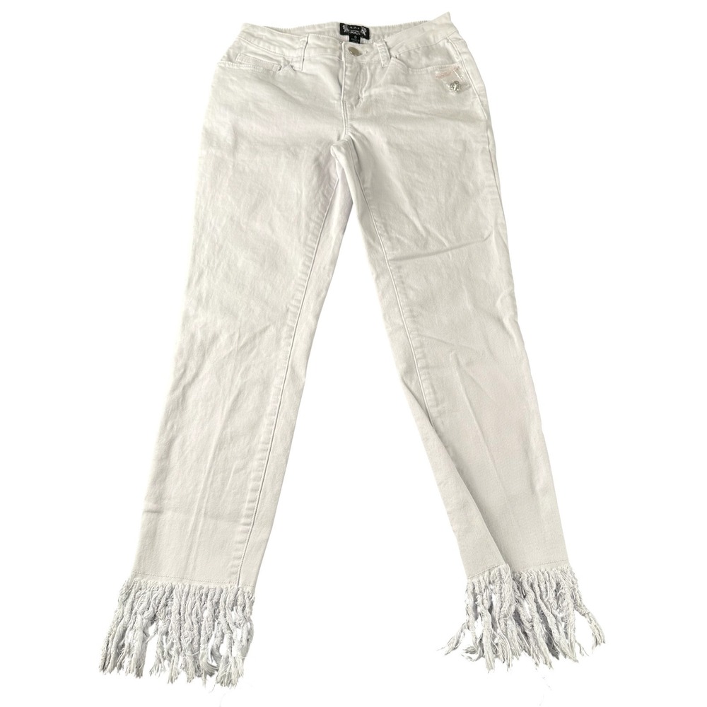 AZI New York White Fringe Hem Jeans Womens Size 0 Slim Leg Boho Festival 789